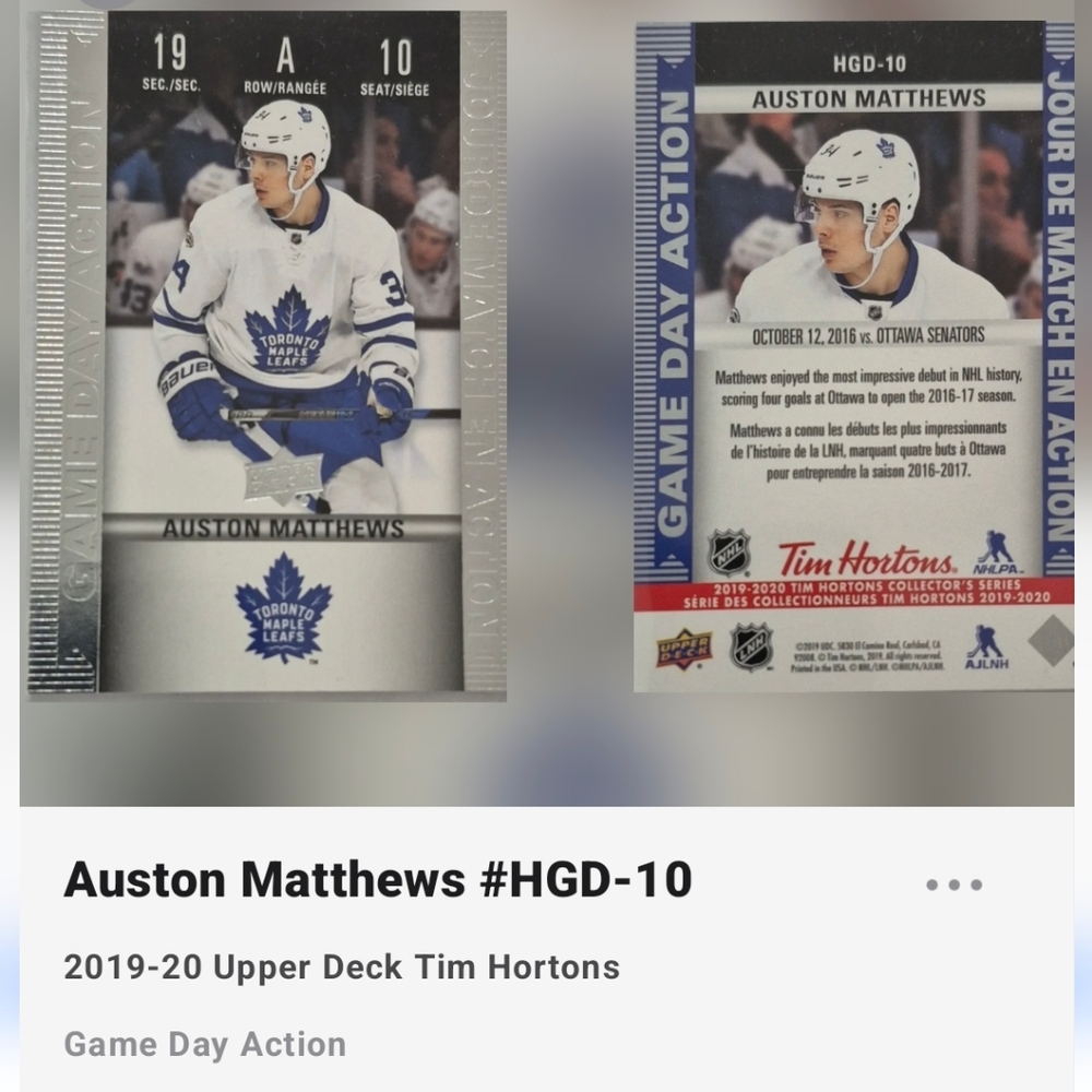 Auston Matthews Upper Deck Tim Hortons 2019 Game Day Action HGD-10 Hockey Card